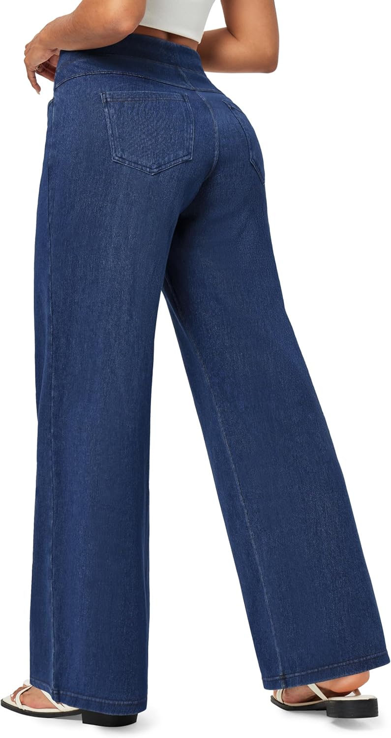 IUGA Wide Leg Jeans Woman High Waisted Pull On Baggy Jeans for Women Stretchy Trendy Womens Jean Straight Casual Denim Pants Petite Large Dark Blue