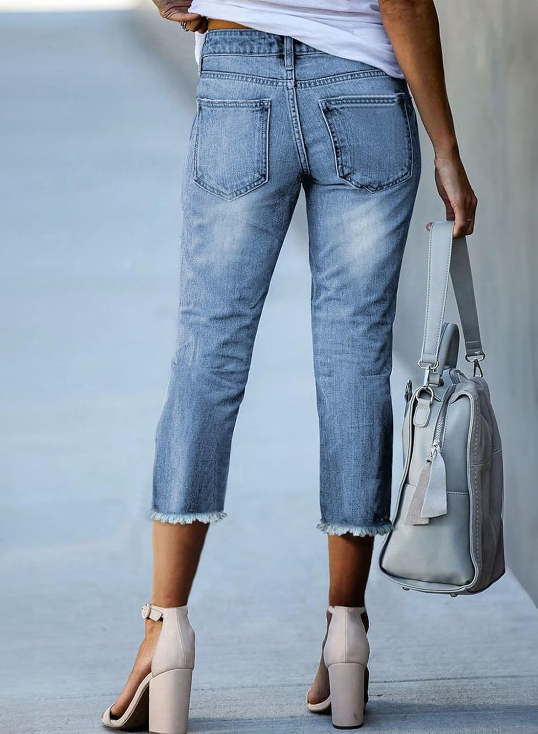 Sidefeel Women's Capri Jeans High Waisted 2026 Summer Fashion Straight Leg Raw Hem Denim Capri Pants 10 Light Blue